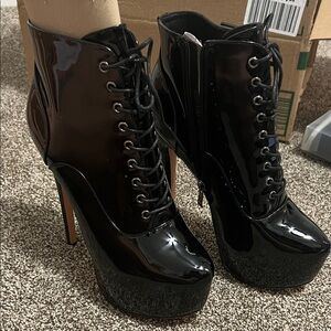 Black Patent Leather Platform Ankle Boots Size 10